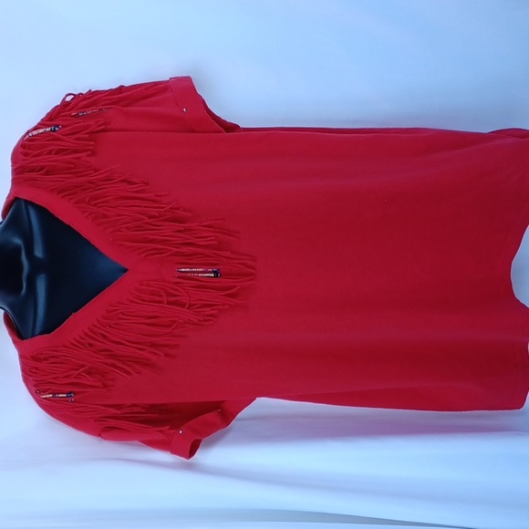 Vintage Joanie W. Western red fringe beaded tee, studded sleeve,  shoulder pads - Picture 1 of 6